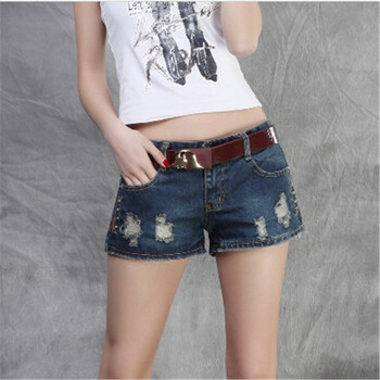 新款<em>女装</em>修身显瘦<em>宽松真皮</em>贴布 牛仔低腰<em>短裤</em>