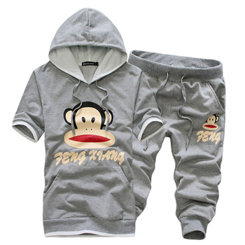 时光 支持货到付款 男装新款大嘴猴印花 连帽短