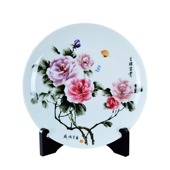 
                                                                                瓷博 景德镇瓷器盘子摆件装饰盘工艺品戚培才吉祥富贵牡丹花 客厅玄关 创意礼物                