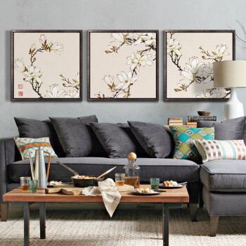 
                                        墙蛙wallwa 曾杏绯玉兰 中式花卉客厅卧室有框装饰画国画壁画墙画 一套棕木纹 布艺画加框65cmX65cm                