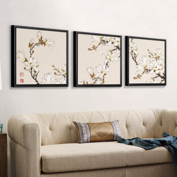 
                                        墙蛙wallwa 曾杏绯玉兰 中式花卉客厅卧室有框装饰画国画壁画墙画 一套棕木纹 布艺画加框65cmX65cm                