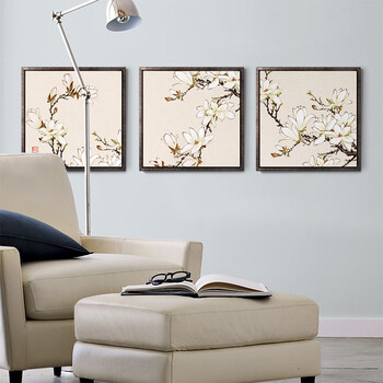 
                                        墙蛙wallwa 曾杏绯玉兰 中式花卉客厅卧室有框装饰画国画壁画墙画 一套棕木纹 布艺画加框65cmX65cm                