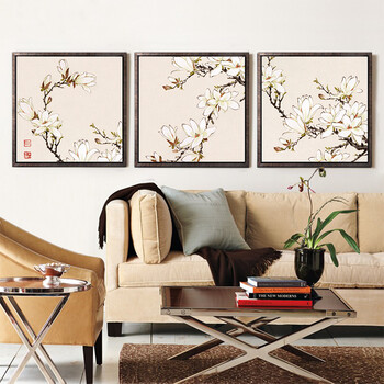 
                                        墙蛙wallwa 曾杏绯玉兰 中式花卉客厅卧室有框装饰画国画壁画墙画 一套棕木纹 布艺画加框65cmX65cm                