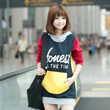 紫翰2013少女学生装新款秋装三原色撞色抓绒拼接