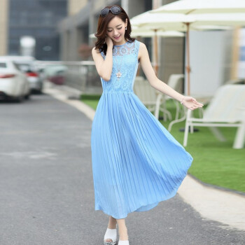 2014夏 新品 韩版OL 蕾丝 长款连衣裙 浅蓝色 