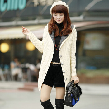 <em>女童甜美</em>毛线<em>编织</em>相拼连帽<em>开衫</em> 长款<em>外套</em>小组