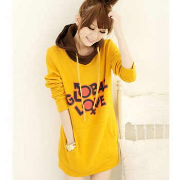 韩版毛绒长颈鹿加厚连帽长款卫衣黄色小组,韩