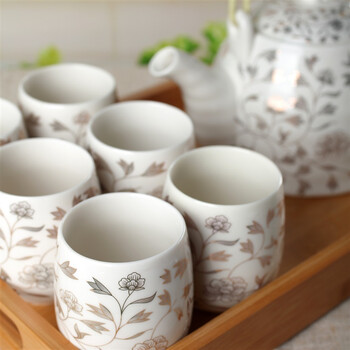 阳光飞歌 釉中彩茶具 七头提梁壶茶具套装含大盛水竹制茶盘 金牡花E0001