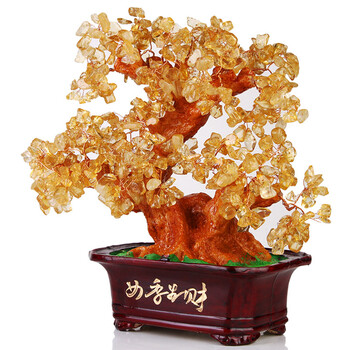 
                                                            吉善堂 黄水晶摇钱树客厅装饰摆件 招财树家居电视柜玄关办公室桌面饰品摇钱树开业乔迁礼物 经典款中号                