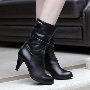 [ZT0032]爱女生杂志推荐纯色绑带高跟中筒女靴