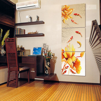 孖堡家居油画 客厅现代装饰画挂画壁画 荷花九鱼图竖版装饰画 无框画三联画一整套三件套 70cm*70cm*3副