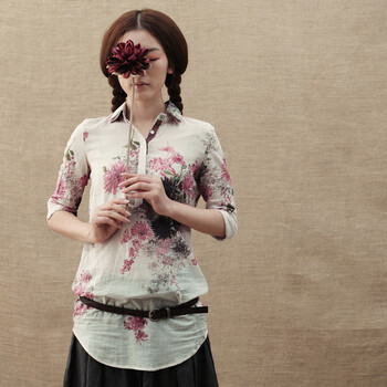 茵曼 2012春装 绣花拼接纯棉长袖衬衫女衬衣8