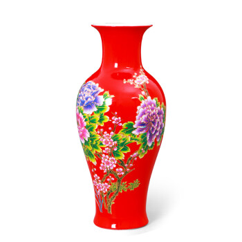 欢畅 景德镇陶瓷花瓶 中国红镶金牡丹瓶 结婚礼