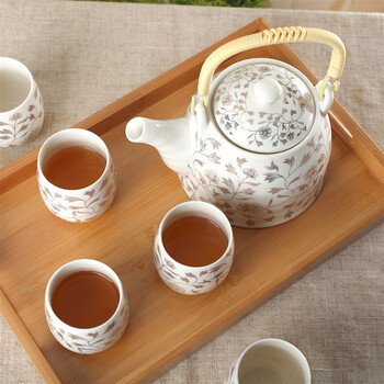 阳光飞歌 釉中彩茶具 七头提梁壶茶具套装含大盛水竹制茶盘 金牡花E0001