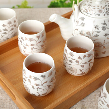 阳光飞歌 釉中彩茶具 七头提梁壶茶具套装含大盛水竹制茶盘 金牡花E0001