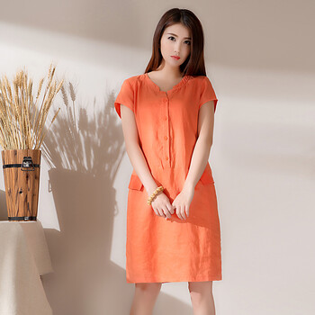 原木素然 短袖棉麻连衣裙 简单大方基本款 女士