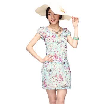 婉甸wandian婉约淑女蓝绿色印花雪纺连衣裙1112593006 蓝底彩花 L
