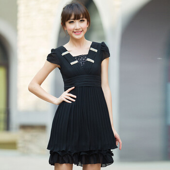 妮蕾迪 2012优雅淑女气质钉珠亮钻装饰修身百褶连衣裙1805 黑色 XXL