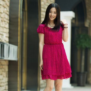 妮蕾迪 2012夏新款优雅时尚压褶拼接百褶雪纺连衣裙12769 洋红 (品红 玫瑰红) XL