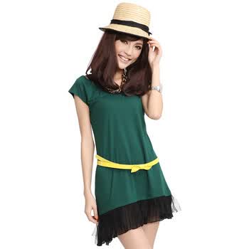 茵佳妮 夏 新品 女装 圆领 蕾丝拼接 正反两穿 修身连衣裙 5122-1220319 绿色 L