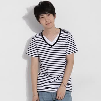 AMH 韩国2012夏装新款韩版男装V领条纹短袖T恤NQ2027 白色 XL