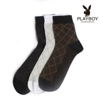 PLAYBOY 花花公子天丝纤维吸湿排汗菱形格子休闲中筒男棉袜子2121 3双装（颜色随机） 混色 均码