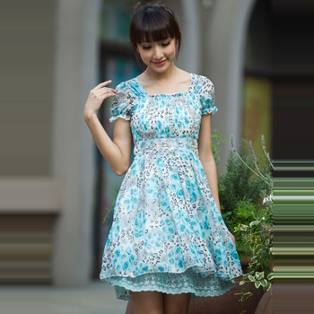 妮蕾迪 2012夏新款甜美可爱亮钻装饰松紧大摆连衣裙1213 蓝色 XL