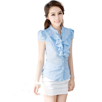 韵奴女装 夏装新品时尚修身珍珠领短袖衬衣 女士衬衫 W389 蓝色 L'