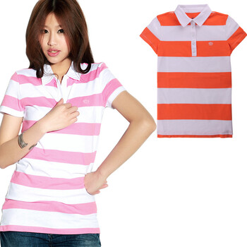 棉花公主 COTTON PRINCESS 夏款女装条纹修身棉质POLO衫 C1H2201 玫红/白 宽条 S