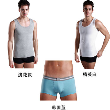 银鹿男士棉氨弹力背心XD011+棉氨小平角内裤MP523S三件装(2件背心1条内裤) 背心精英白 浅花灰/内裤韩国蓝 XX