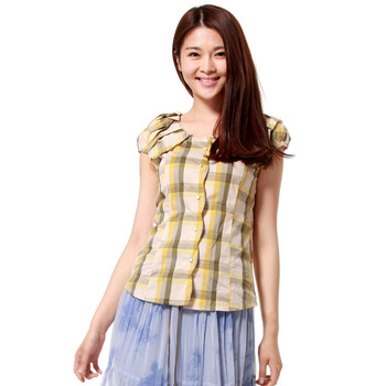 人间四月天 2012夏季新品韩版百搭修身泡泡袖格子衬衫短袖上衣女 黄色 L码