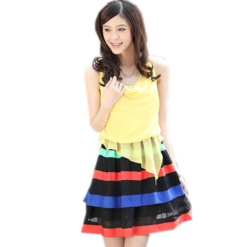 露西法兰 2012韩版女装夏装新款 时尚百搭拼接条纹无袖雪纺连衣裙 CN-1240 黄色 XL