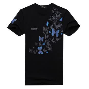 TUOYI拓一新款蝴蝶印花图案男短袖纯棉修身圆领T恤2HC804 黑色 XXXXL