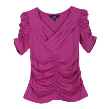 O.SA2012春夏装新款韩版女装V领褶皱修身T恤ST22300 玫红色 XL