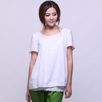 初念 2012新款 文艺范圆领绣花包袖纯色宽松亚麻短袖衬衫 女 3色 068 白色 L/170