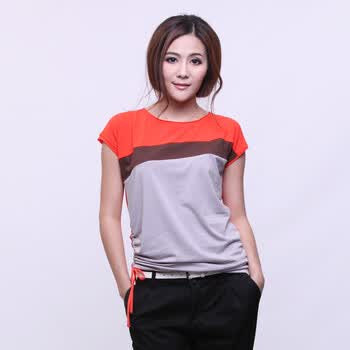 初念 2012 夏季 新款 百搭圆领条纹撞色棉质 抽绳 短袖T恤 女 桔红拼 XL/175