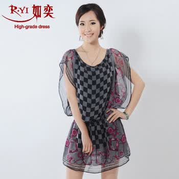 如奕正品 2012夏季新款 新荷叶袖定位花 雪纺连衣裙 浅灰色 M