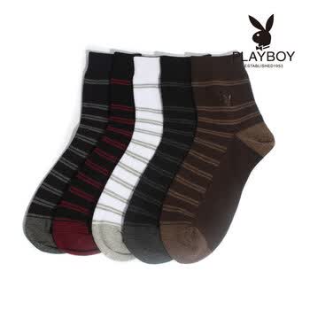 PLAYBOY 花花公子男士纯棉袜时尚经典条纹商务男短筒袜子1097 黑色 均码
