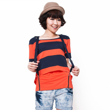 Basic House 百家好夏装 吊带式条纹女T恤HLTS325A 红色 165/68A/L