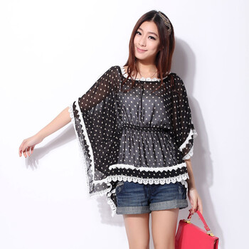 SHOPING PLAN 2012春夏新款韩版蝙蝠袖蕾丝花边雪纺衫 29000 黑色 F