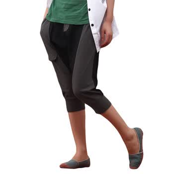 INMAN茵曼2012夏装新款 撞色拼接 纯棉七分吊裆裤 女裤822093442 黑色 XL