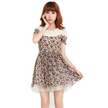 洛熙2012新款夏装韩版女装繁花 圆领 腰间缩橡筋 连衣裙L126081 粉红