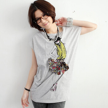 乔伊思2012夏装新款韩版女装大码印花一字领纯棉T恤 7639 灰色 XL