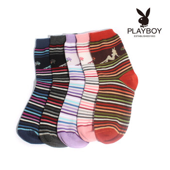 PLAYBOY 花花公子 精梳棉时尚休闲条纹中筒袜女士袜子2216 粉色 均码