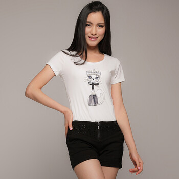 言若 2012新款百搭女珍珠猫圆领短袖棉T恤 TS2345V 白色 均码M