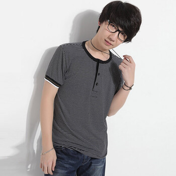 AMH 韩国2012夏装新款男装韩版修身条纹门筒领短袖T恤NV2051 黑色 XL