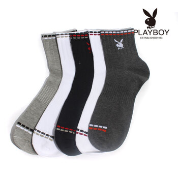 PLAYBOY 花花公子 男式棉袜可爱兔头织花吸湿排汗短筒男士袜子1099 白/红 均码