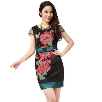 波特唐2012夏季女装新款款 重工绣花牡丹花大码连衣裙B5 绿色 XXXL