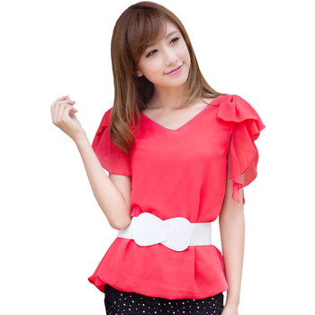 妮蕾迪 2012夏装新款V领荷叶边收腰衬衫A680 绿色 XXL'