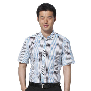 Hodo红豆男士时尚休闲暗花条纹短袖衬衫HCB6769 蓝灰 180/96A